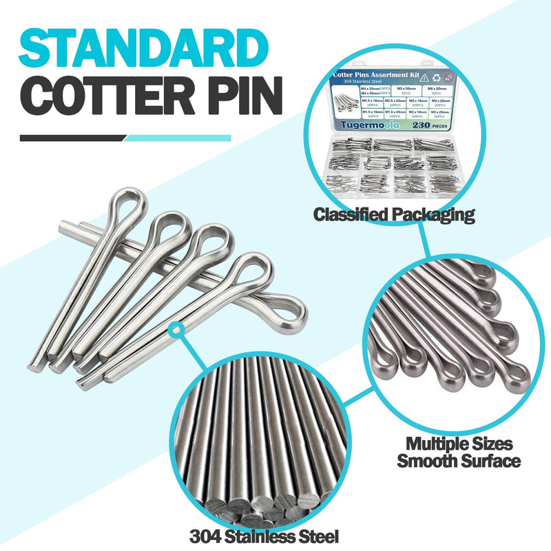 [Australia - AusPower] - 230PCS 12 Sizes Cotter Pins Assortment Kit 304 Stainless Steel Split Pin Fastener Clips OLA001 