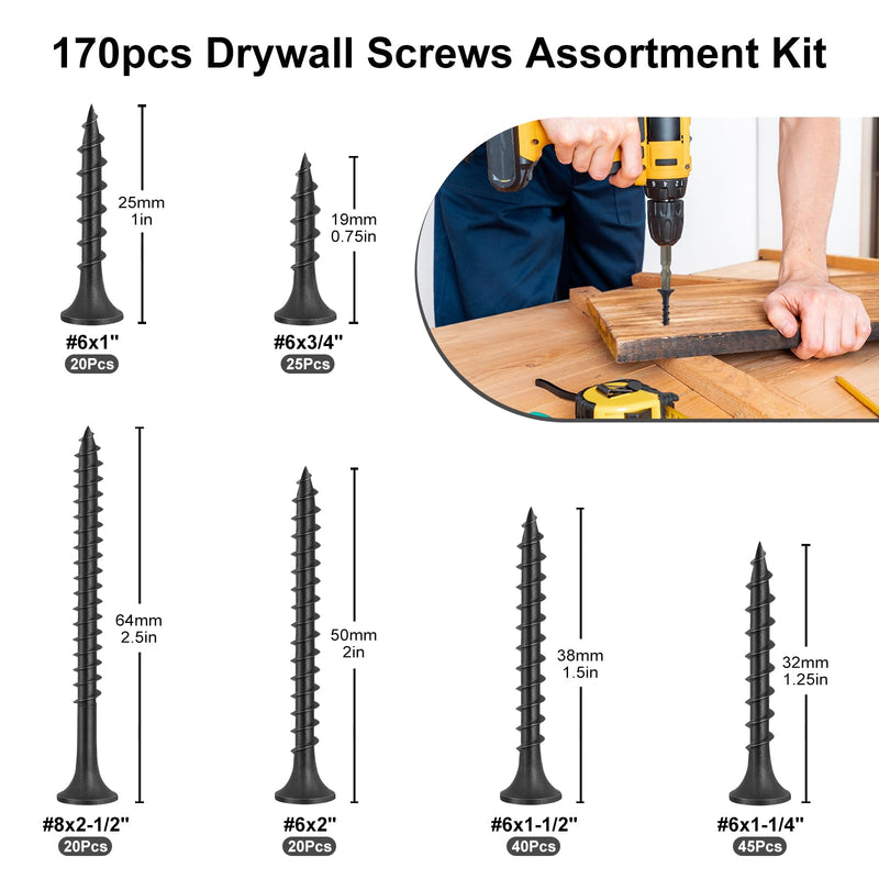 [Australia - AusPower] - 170pcs Drywall Screws Assortment Kit, Black Wood Screws, Sheetrock Screws Set, Coarse Thread, Phillips Head Drive, 6 Sizes Wood Screws Assortment Kit (2-1/2",2",1-1/2",1-1/4",1",3/4") Assortment Kit(170pcs) 