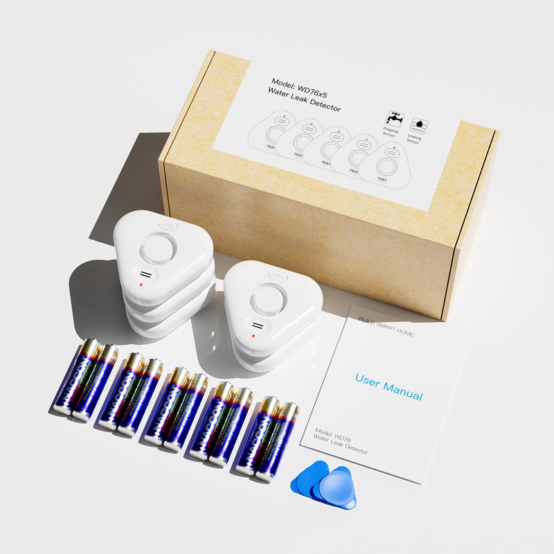 5 Pack Water Leak Detectors for Home, Stechro 4 Levels Adjustable Audio 0-120dB Water Sensor Alarm Leak Detector with Leak and Drip Alert, IP66 Water Leak Sensor for Basements Kitchen Sink Laundry 5 Sensors White