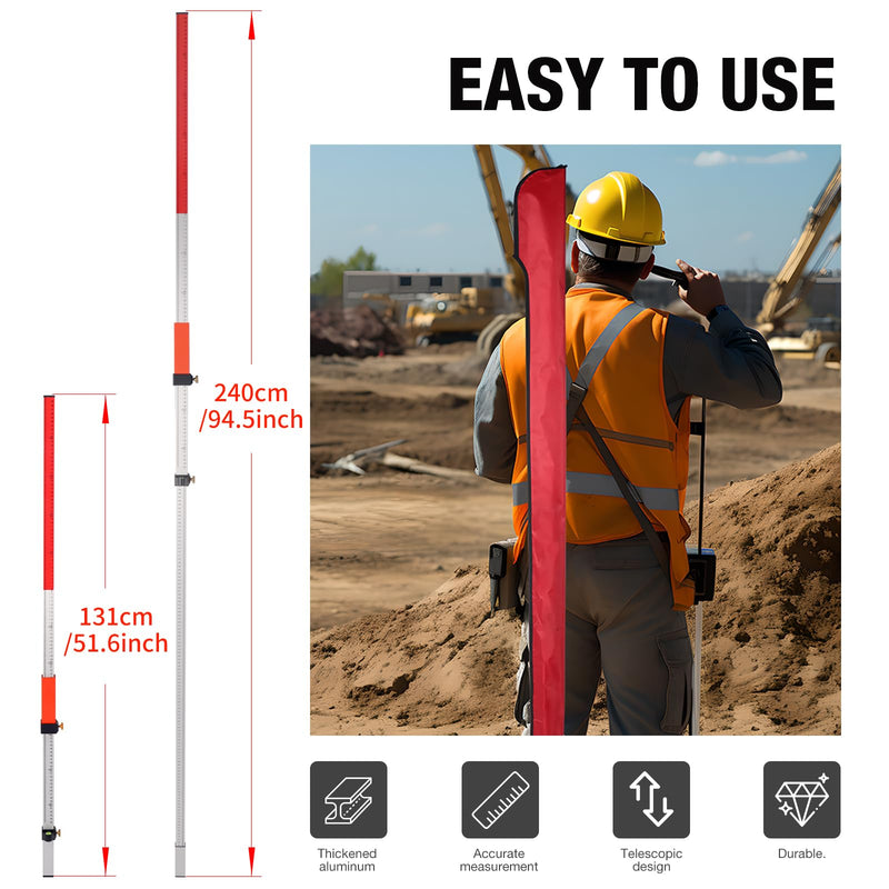 Laser Grade Rod, Laser level Suit for Rotary Laser Level Grade Rod With Quick Lock Aluminum rod to Measure, Inch Scale at Front & Metric Scale at Back Rod with Carrying Case