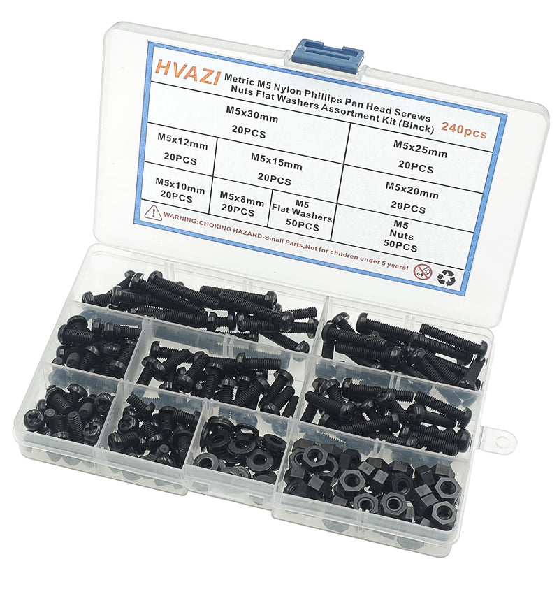 [Australia - AusPower] - Metric M5 Nylon Phillips Pan Head Screws Nuts Flat Washers Assortment Kit (Black-M5) Black-M5 