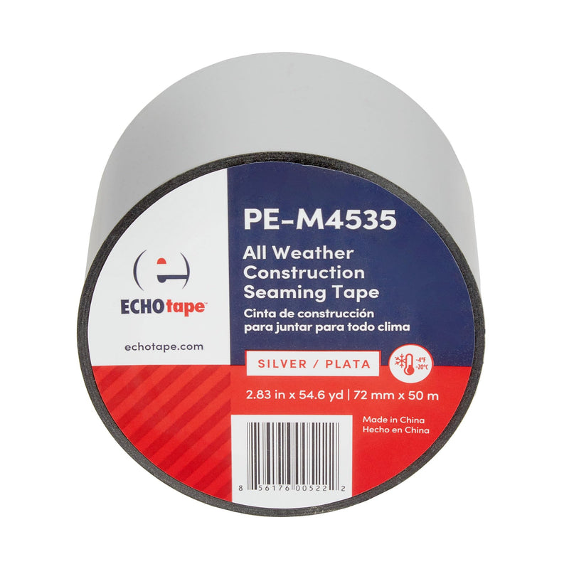 ECHOtape PE-M4535 | All Weather Construction Seam Tape | Indoor-Outdoor Construction Tape | UV Resistant | House Wrap Seaming Tape | Vapor Barrier Tape | Silver | 2.83 in x 54.6 yds 2.83 in x 54.6 yd / 72mm x 50m