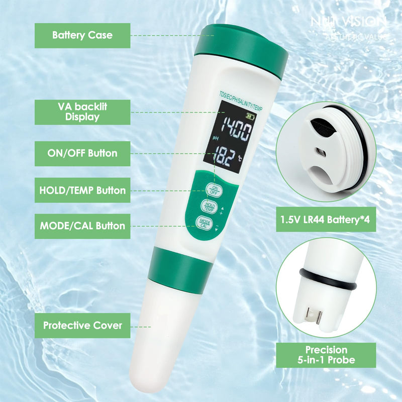 [Australia - AusPower] - 5-in-1 Digital pH Meter, Highly Accurate Water Quality Tester with Backlight Screen, pH/EC/TDS/Salinity/Temp Meter, 0.01 Resolution pH Tester, TDS Meter for Drinking Water, Pool, Aquarium 
