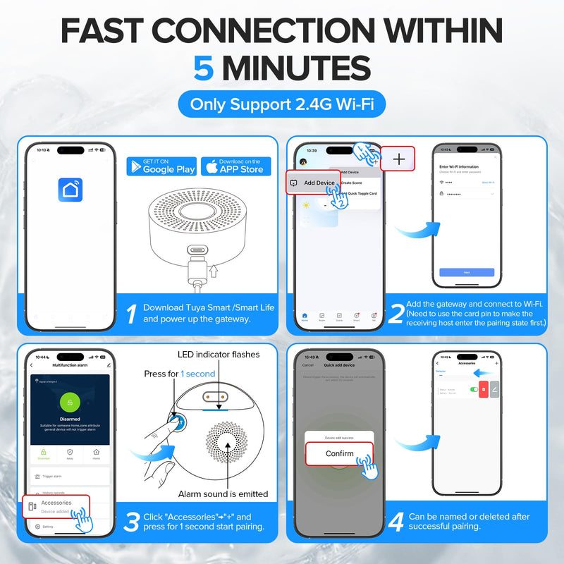 Nuleto WiFi Water Leak Detector 1s,Water Detectors & Alarms,Water Leak Sensor with SMS,Phone Call,APP Push,492ft for Home,Basement,Kitchen,5 Pack,2.4G WiFi Only 1 gateway + 5 sensor