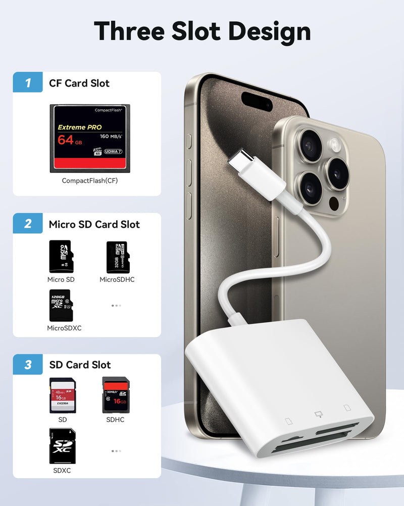 [Australia - AusPower] - SD Card Reader USB C for iPhone 15/Android Phone/iPad/Mac/Laptop, Three Card Slot Micro SD Card Reader Supports SD Micro SD CF Card, Digital Camera Viewer Memory Card Reader Plug and Play three slot (USB-C) 