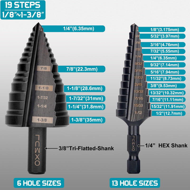 M35 Step Drill Bit Set for Metal, 1/8—1-3/8, 19-Steps, Cobalt Bits, Heavy-Duty for Stainless Steel, Hard Metal, Aluminum, Wood, 2pcs. Z204_205 2 Set 1/8—1-3/8
