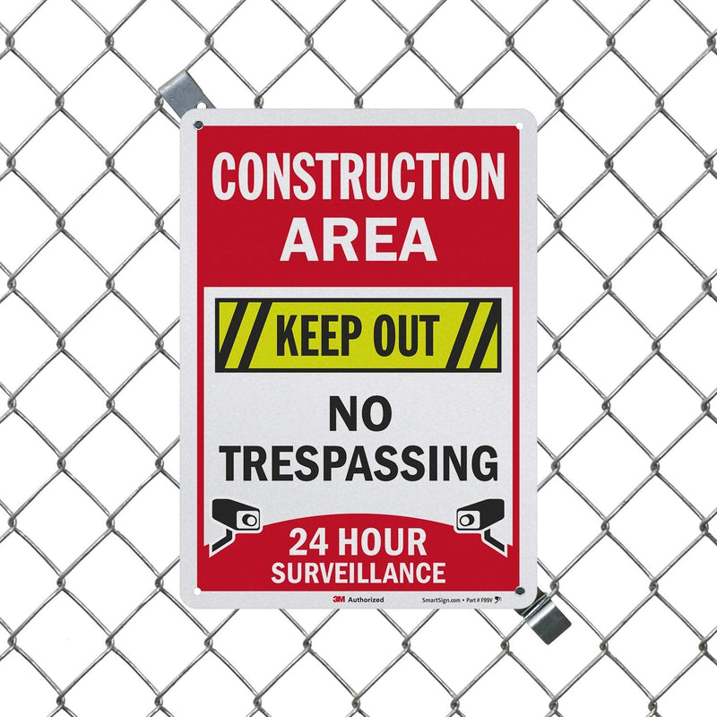 SmartSign “Construction Area - Keep Out, No Trespassing, 24 Hour Surveillance” Sign | 10" x 14" 3M Engineer Grade Reflective Aluminum, Made in USA 10" x 14"