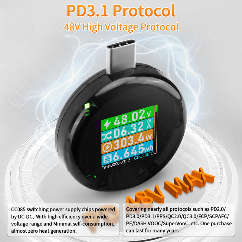 [Australia - AusPower] - USB C Power Meter USB C Tester, USB Multimeter 4.5-50V 0-6A Touch Control Voltage Current Capacity Amp Volt Voltmeter Ammeter Detector Digital Tester for Chargers Power Bank Cable 