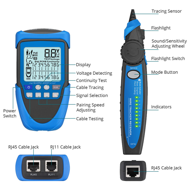 [Australia - AusPower] - Network Cable Tester, PoE Cable Tester for CAT5, CAT5e, CAT 6, CAT 7 CAT 8, RJ45, Multifunction Power Over Ethernet Tester, Cable Voltage Tester Line Location Finder Cable Tracer, Wire Tracker Line Location Finder POE 
