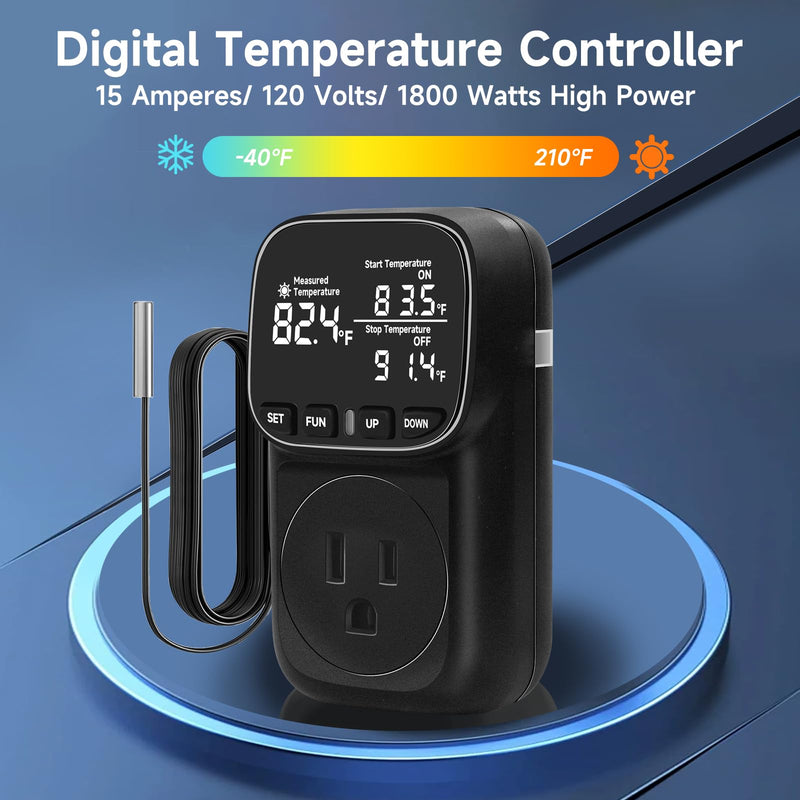 Temperature Controlled Outlet , 15A/1800W Digital Thermostat Outlet, Cyclic Timing/Countdown, -40℉~210℉ VA Display Heating Cooling Control Timer with 2Pcs Probe Cable for Reptile Incubator Black