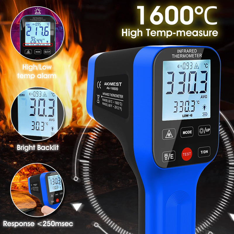 AIOMEST High Temp Thermometer Gun -58℉~2912℉, Pyrometer D:S=30:1 Dual Laser Industrial IR Temperature Meter w/Touch Buttons (NOT for Human Temp) blue