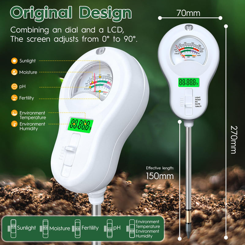 [Australia - AusPower] - 6-in-one Soil Test Kit-Soil Moisture Meter/PH Meter/Fertility/Sunlight Intensity Soil Tester, LCD Air Hygrometer&Temperature Moisture Meter for Plants-Garden, Lawn,Farm,3 Pack Detachable Probe 3 