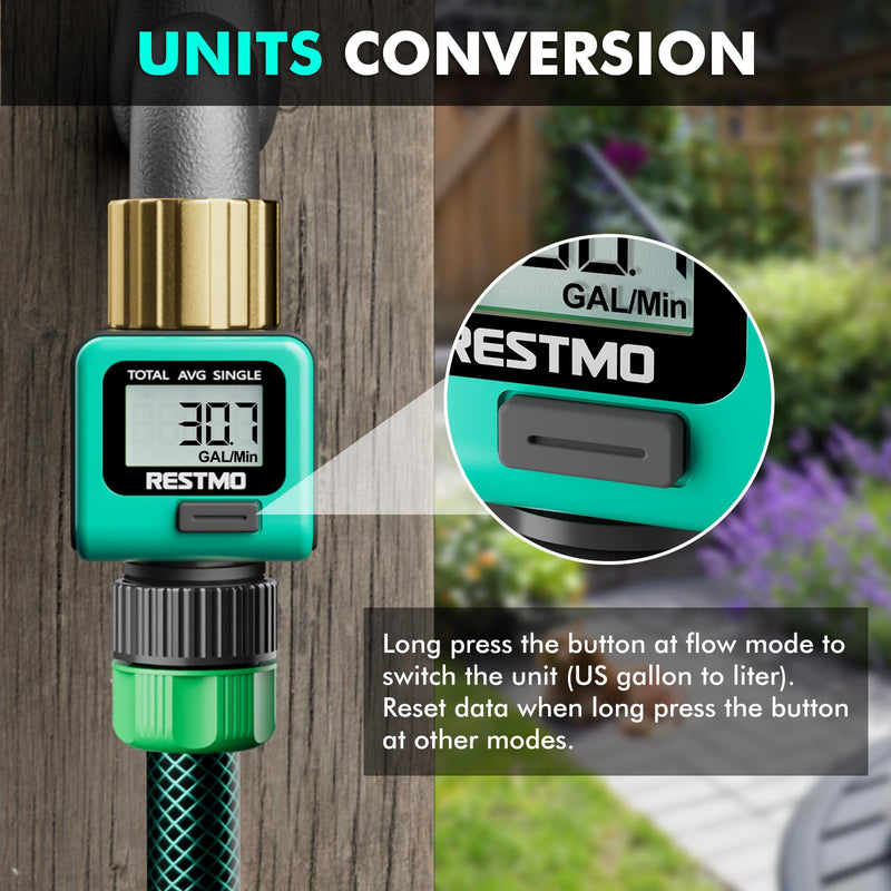 RESTMO Water Flow Meter with Brass Inlet Metal Thread, Measure Gallon/Liter Consumption and Flow Rate for Outdoor Garden Hose Watering, RV Water Tank Filling, Lawn Sprinkler and Nozzle Sprayer 1