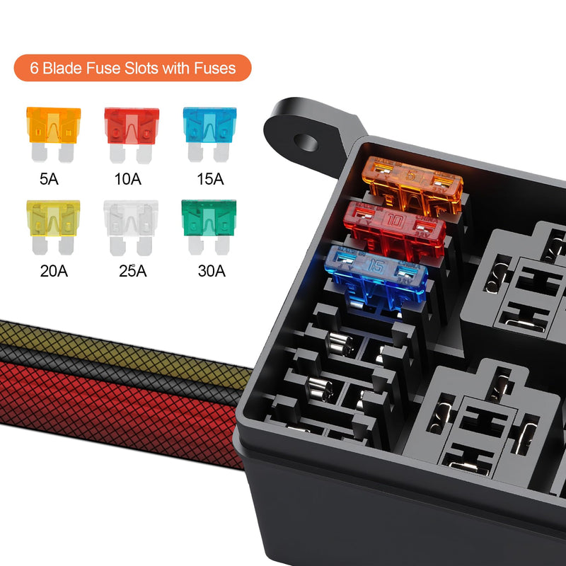 [Australia - AusPower] - 12V Fuse Relay Box, 6 Way Relay Fuse Box, with 12 AWG Pre-Wired, 6 Relays and 6 ATC/ATO Blade Fuses, 4-Pin Relay Box Block Kit, for Cars Truck Marine Boat Jeep (Pre-Wired Fuse/Relay Kit) Pre-wired Fuse/Relay Kit 