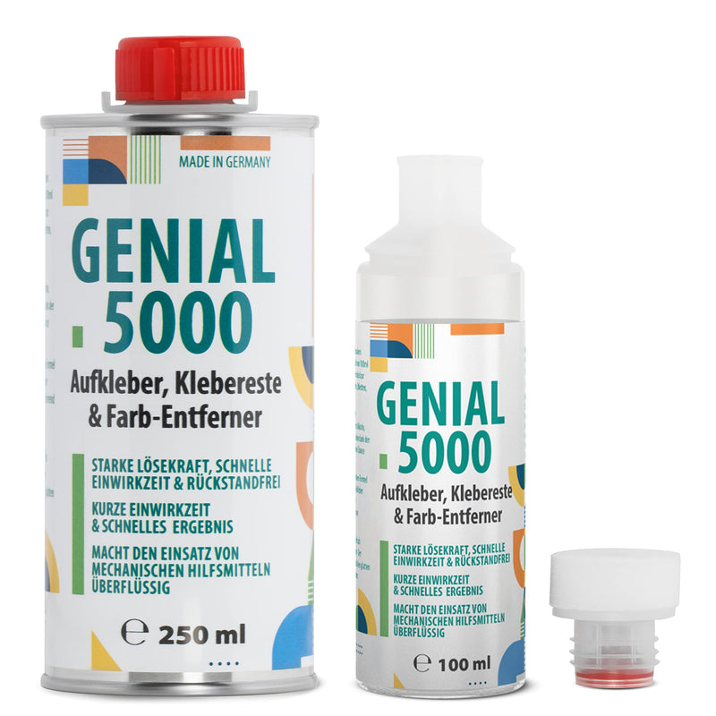 Genial 5000 Professional Adhesive Remover 250 ml with Empty 100 ml Foam Bottle Effective Label Remover for Stubborn Stains and Glue, Ideal for Home, Office and Workshop