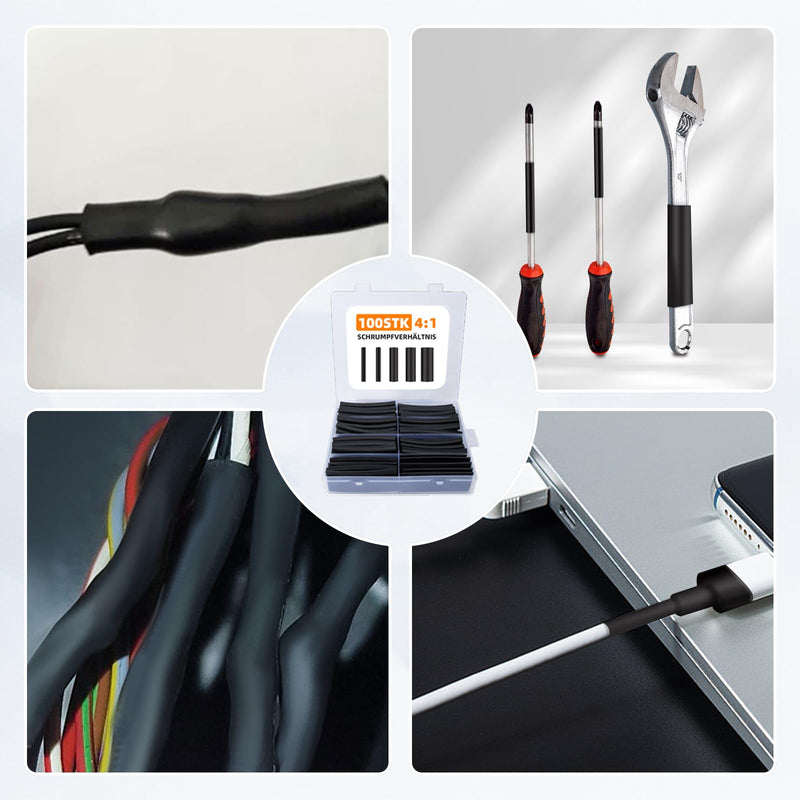 damoguin 90 mm Extra Long Heat Shrink Tube Set, 4:1 Waterproof Heat Shrink Tube with Adhesive, Heat Shrink Tube, Insulation Hose Assortment with 5 Different Sizes (Black, Pack of 100)