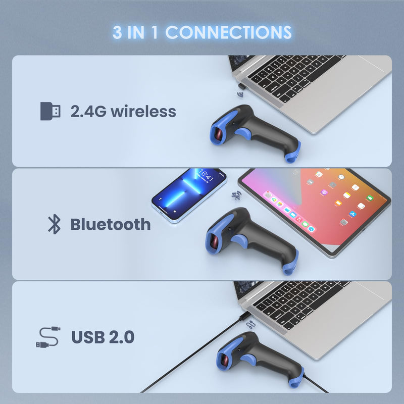 Eyoyo 2D Bluetooth Barcode Scanner Wireless, 2500mAh Handheld Cordless USB Wired QR Bar Code Reader for Library, Warehouse Inventory Compatible with iPad, Android Phone, iPhone, Laptop Dark blue