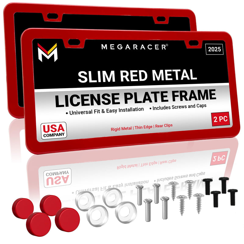 Premium Slim Red License Plate Frames – 2 Pack, Rust-Free Stainless Steel, Street Legal & Rattle-Free, Universal Fit with Screw Caps, Sleek Thin Metal Front & Rear Car Tag Holders for Men & Women 2 Piece