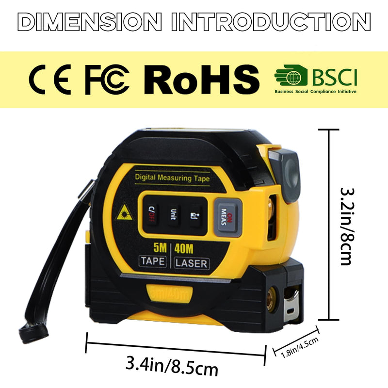 3 in 1 Digital Laser Tape Measure | Laser Level Crosshairs | 130ft/40m Laser Distance + 16ft/5m AutoLock Tape | Backlit LCD Display (Ft/Inch/M/mm & Fractions) Yellow/131FT/40meter