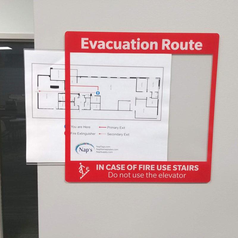 Evacuation Route Map Holder – Fire Evacuation Map Display, Clear Plastic, Reverse Printed Red Frame, 8.5" x 11" Sign Pocket, Adhesive Tabs Included, Wall or Door Mount, 11.5" x 11.5"