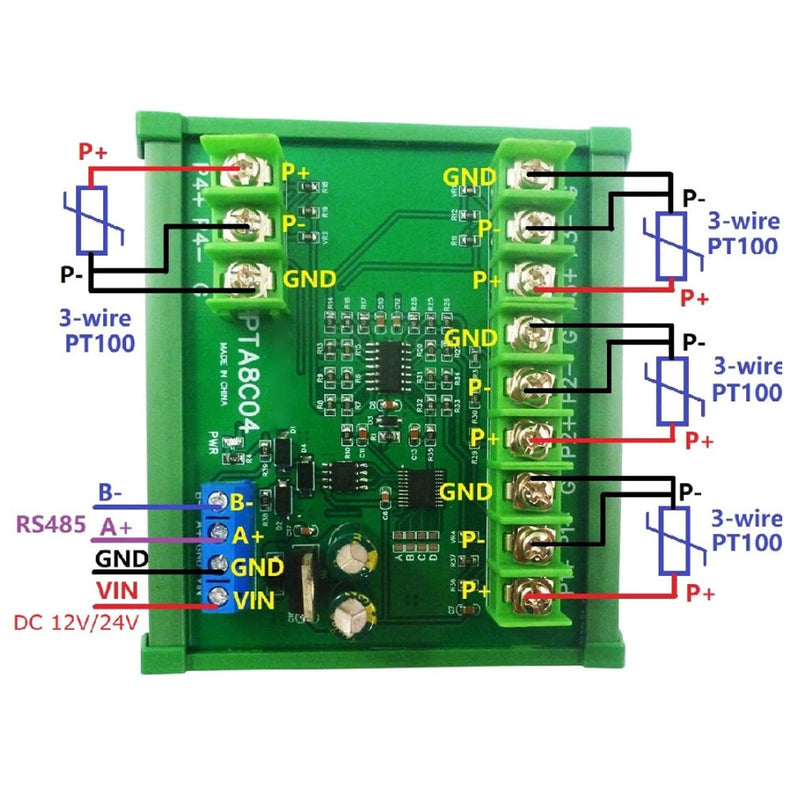 [Australia - AusPower] - Eujgoov Temperature Sensor Module 4ch PT100 RTD RS485 Temperature Sensor Board RTU Collector PTA8C04 with Rail Housing (B500 DC24V) B500 DC24V 