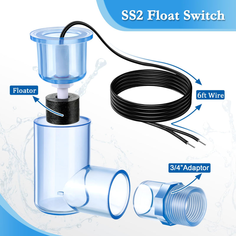 [Australia - AusPower] - Feekoon 1 Pack SS2 Float Switch L Shape for Easy Installation, AC Float Switch with 3/4 Inch Adaptor and 6ft wire, Water Level Accessory for Hvac System with Condensate Overflow Detection 