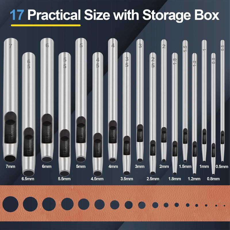 17 Pcs Round Leather Hole Punch Tool 0.5-7mm, Boyistar Metal Hollow Hole Punching for Leather Craft Punch Tools Set Round Hollow Tools for Belts, Watch Band, Paper, Plastic, Leather with Storage Box