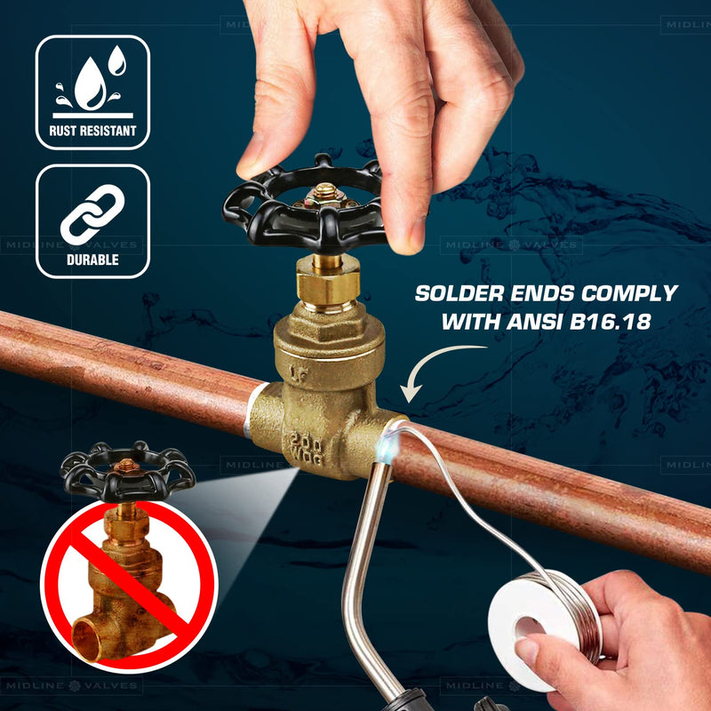 Midline Valve 427D234-5 Gate Valve, 1/2 in. Sweat Connection, Cast Brass (5 Pack), 5 Count 5 Pack 1/2 in.