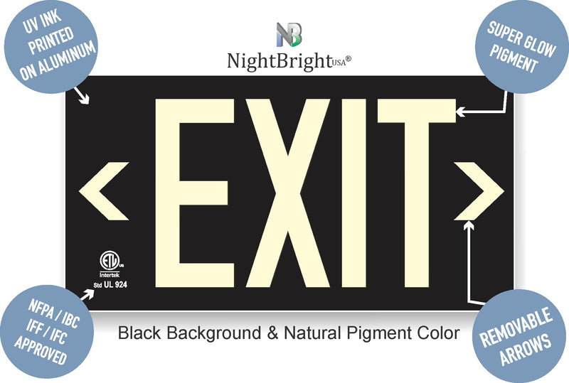 Photoluminescent Exit Sign Black - Aluminum - UL 924 Code Approved/IBC/NFPA 101 | NightBright USA Part Number ULB-050