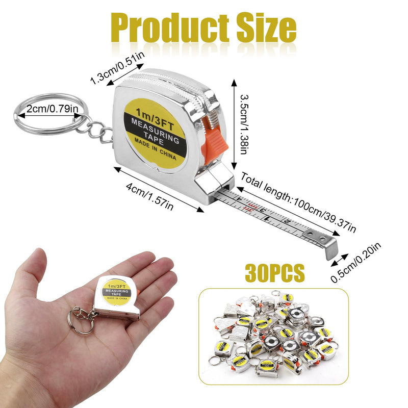 30 Pack 3ft Mini Tape Measure Keychain, Sliver Portable Retractable Small Tape Measure with Slide Lock, Construction Party Favors for Prize Bag Filler DIY Projects School Office Home Project Daily Use 30
