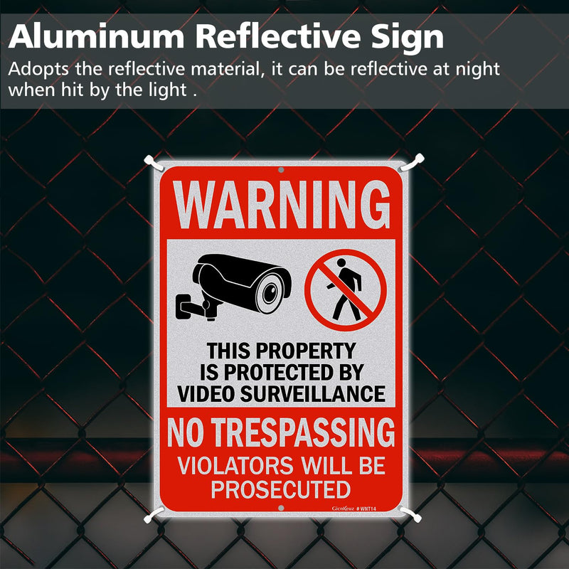 GicnKeuz Large Video Surveillance Signs, 14x10 Inches No Trespassing Sign Private Property Sign, Rust Free.40 Reflective Aluminum, Weather Resistant, Waterproof, Fade Resistant, 6 Pre-drilled Holes (4 Pack) 4 Pack