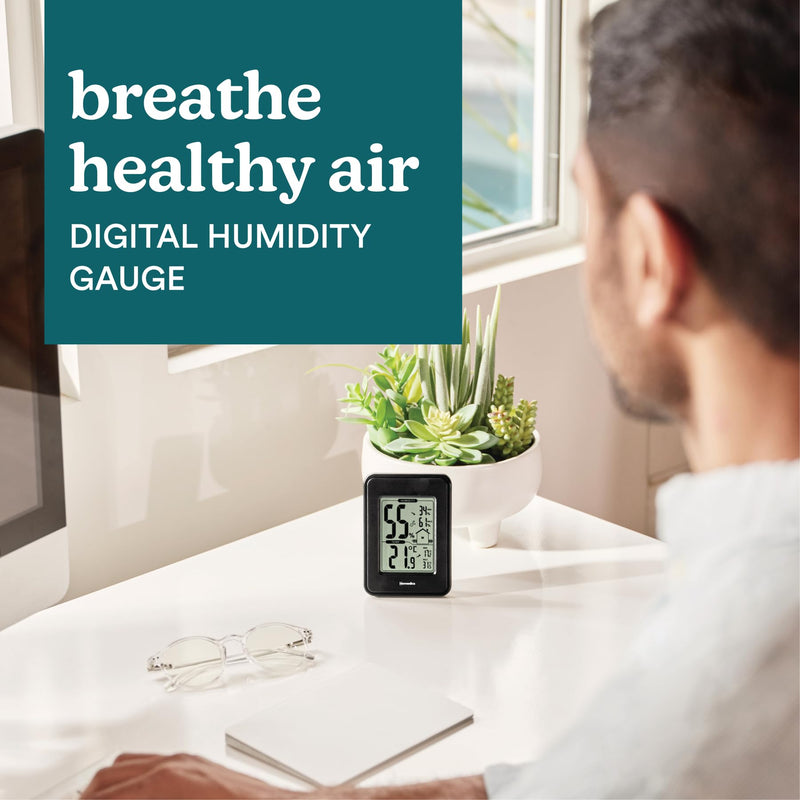 Homedics HM100 Indoor Humidity Monitor, Easy-Read Hygrometer to Monitor Indoor Air Comfort, Fahrenheit and Celsius, Battery-Operated Room Thermometer for Home