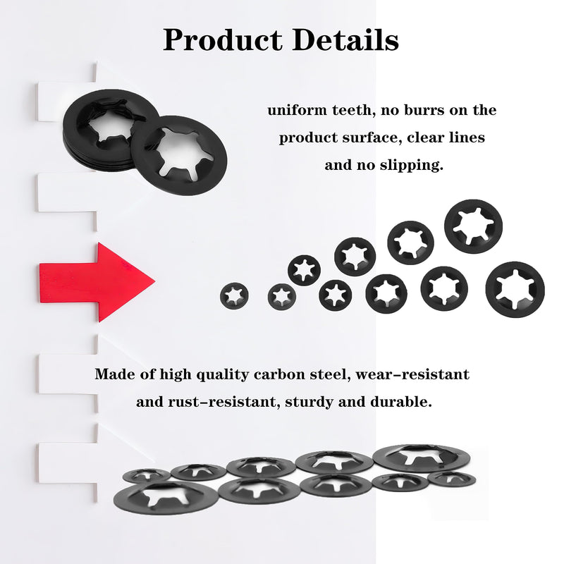 [Australia - AusPower] - 340 Pcs Internal Tooth Starlock Locking Washers, Push On Speed Clips Fasteners Washers Assortment Kit, Quick Speed 65Mn Black Clips Lock Washers - M3, M4/M5/M6/M8/M10/M12 