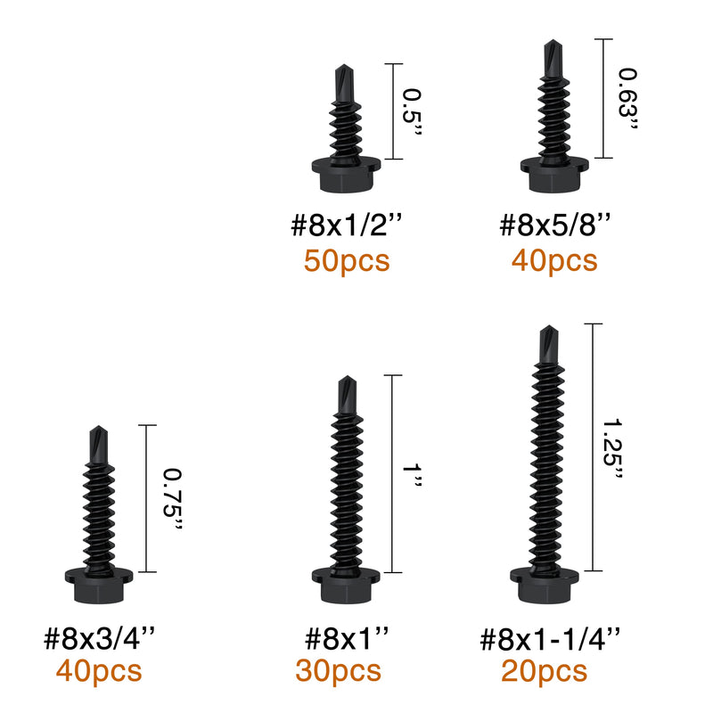 [Australia - AusPower] - Self Tapping Screws for Metal, Assortment Pack with Driver (180 pcs) Black Oxide 410 Stainless Steel, 8 Diameter, 1/2" to 1-1/4" Length #8 Assortment Kit 
