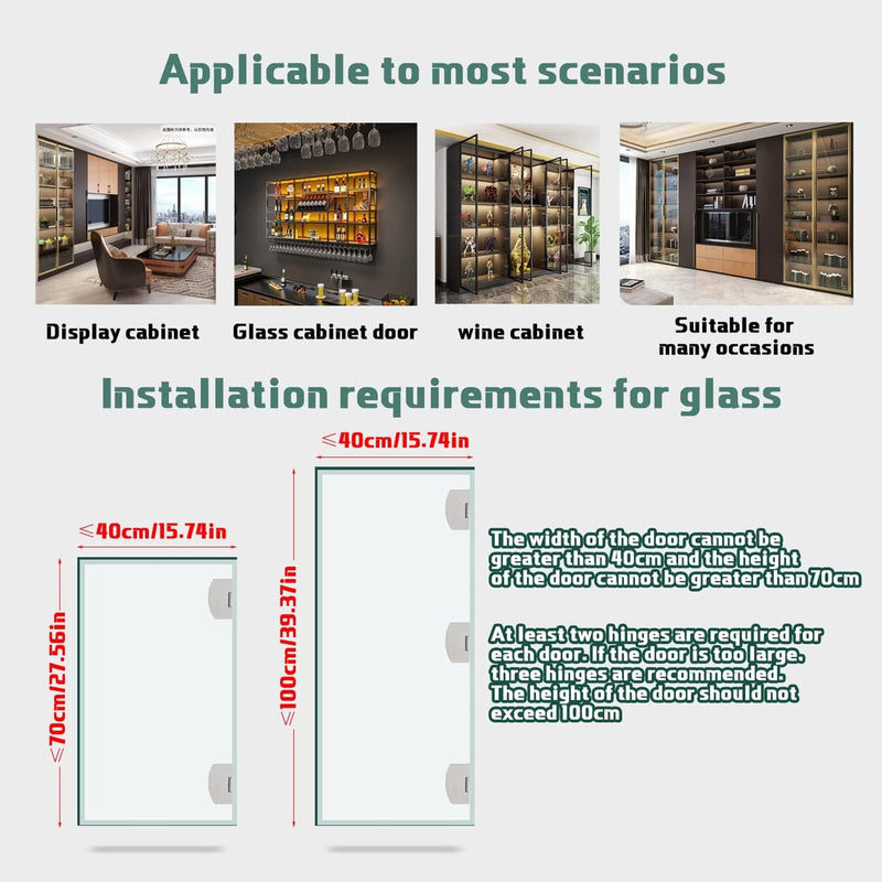 No Drill Glass Door Hinges 4 Pcs - Clip-On Mounting for Cabinet, Showcase, Wine Cabinet (Small) Small