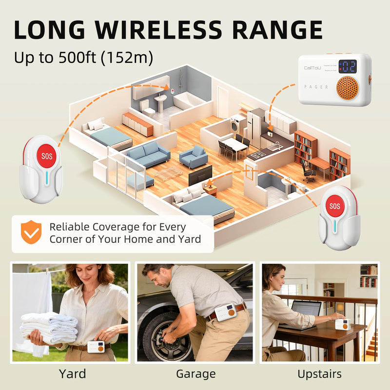 [Australia - AusPower] - CallToU Caregiver Pager - Wireless Call Button for Elderly at Home, Portable Nurse Alert System with Vibration & Sound Alerts for Seniors and Disabled (3 Call Buttons + 2 Receivers) 3 call buttons + 2 receivers 