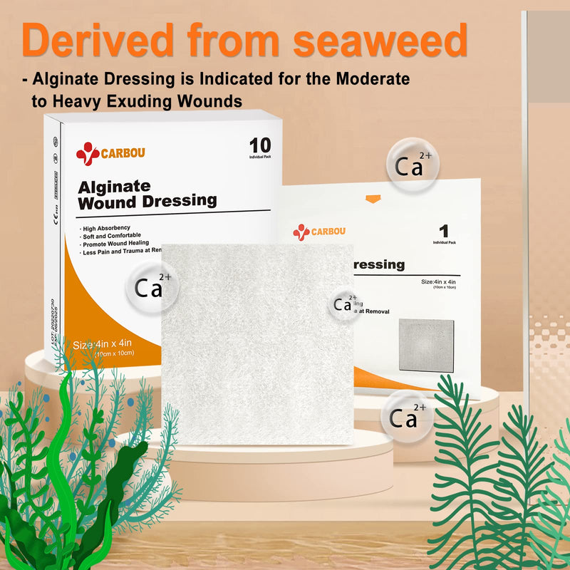 [Australia - AusPower] - Carbou Calcium Alginate Wound Dressing, 4'' x 4'' Patches,10 Individual Sterile Pads, Soft and Highly Absorbent Dressing Gauze, Non-Stick Padding 4x4 In (Pack of 10) 