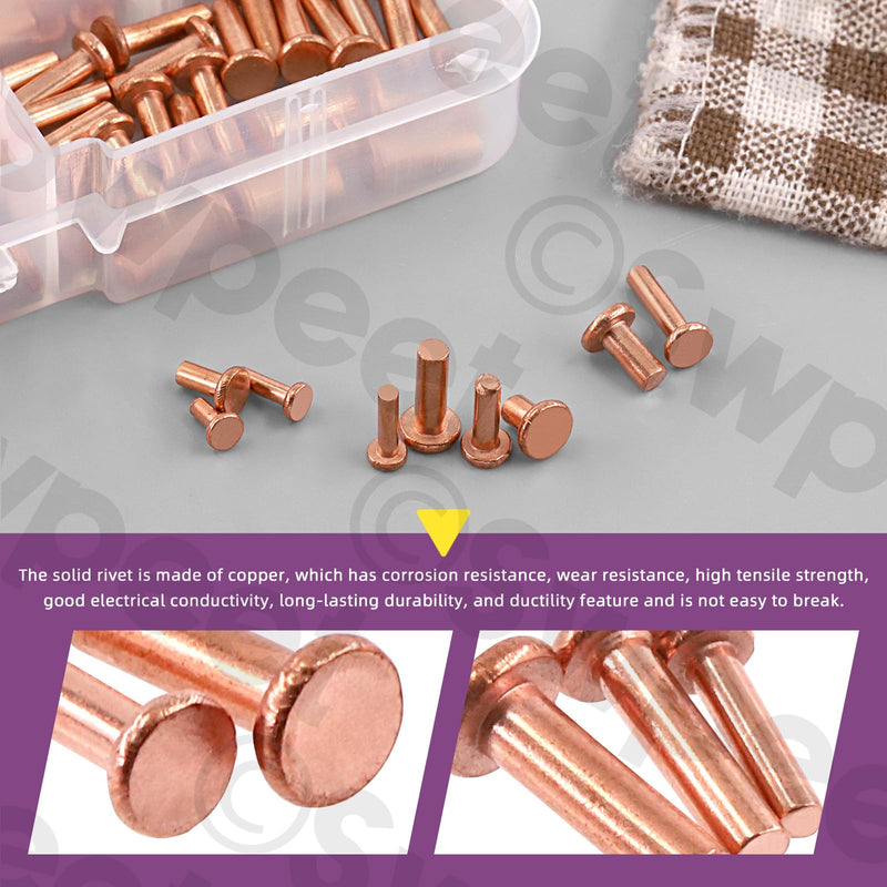 [Australia - AusPower] - Swpeet 270Pcs M2 M2.5 M3 Flat Head Copper Solid Rivet Metal Fasteners Set, Copper Solid Rivets Rivet Fastener Ideal for Electrical Applications Belts Wallets Collars Leather DIY Craft Supplies 