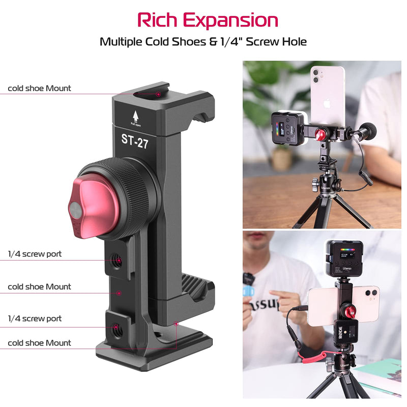 [Australia - AusPower] - PICTRON Metal Phone Tripod Mount 3 Cold Shoes & Arca Port, 360° Smartphone Tripod Adapter for iPhone Samsung Cell Phone Stand Holder for Desktop Tripod Video Live Streaming Vlogging Rig ST-27 