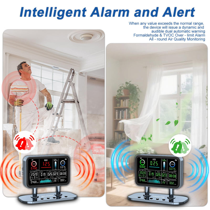 [Australia - AusPower] - Air Quality Monitor Indoor,16 in 1 Smart Air Quality Monitor 6" Indoor Air Quality Meter VOC, AQI, HCHO, CO, Alarm, PM1.0, Temp, HUMI&CO2 PM2.5 Monitor,Indoor Air Quality Test for Home WiFi Connect Grey 