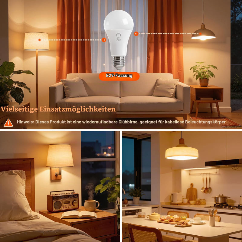 Ketom Pack of 4 Light Bulbs with Remote Control, E27, Rechargeable Bulb, Dimmable | Rechargeable light bulb with timer function, 3 colors, button control, 7W Wireless Decorative Lamp Bulb Emergency Light Camping 3 Colors, 4 Pieces