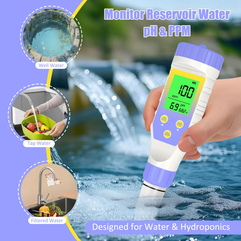 [Australia - AusPower] - pH Meter for Water Hydroponics, 5-in-1 pH TDS EC Salt Tester for Water Nutrient Solution, Simultaneous Display of pH EC Temp for DWC Reservoir Tank, Aeroponic Garden, Growing System Purple 