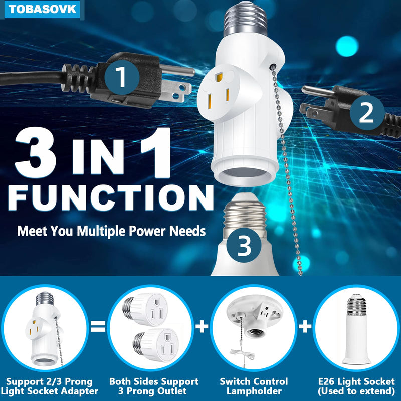 [Australia - AusPower] - 3 Prong Light Socket to Plug Adapter, Simultaneous Support for Two 3-Prong Light Socket Adapter, Multifunctional Light Bulb Outlet Socket Adapter, for Garage, Porch, CCTV Camera, Patio, White 1 White Style 