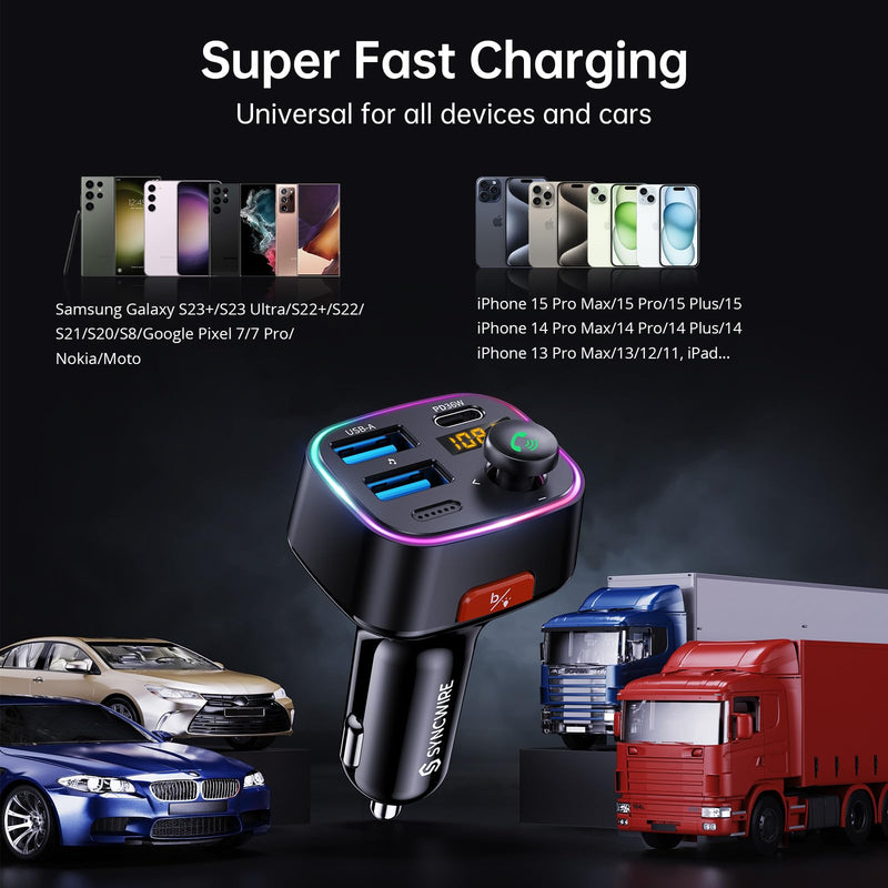 [Australia - AusPower] - Syncwire Bluetooth 5.3 FM Transmitter Car Adapter 48W (PD 36W & 12W) [Light Switch] [HiFi Bass Sound] [Fast Charging] Wireless Radio Music Adapter LED Display Hands-Free Calling Support USB Drive Black 