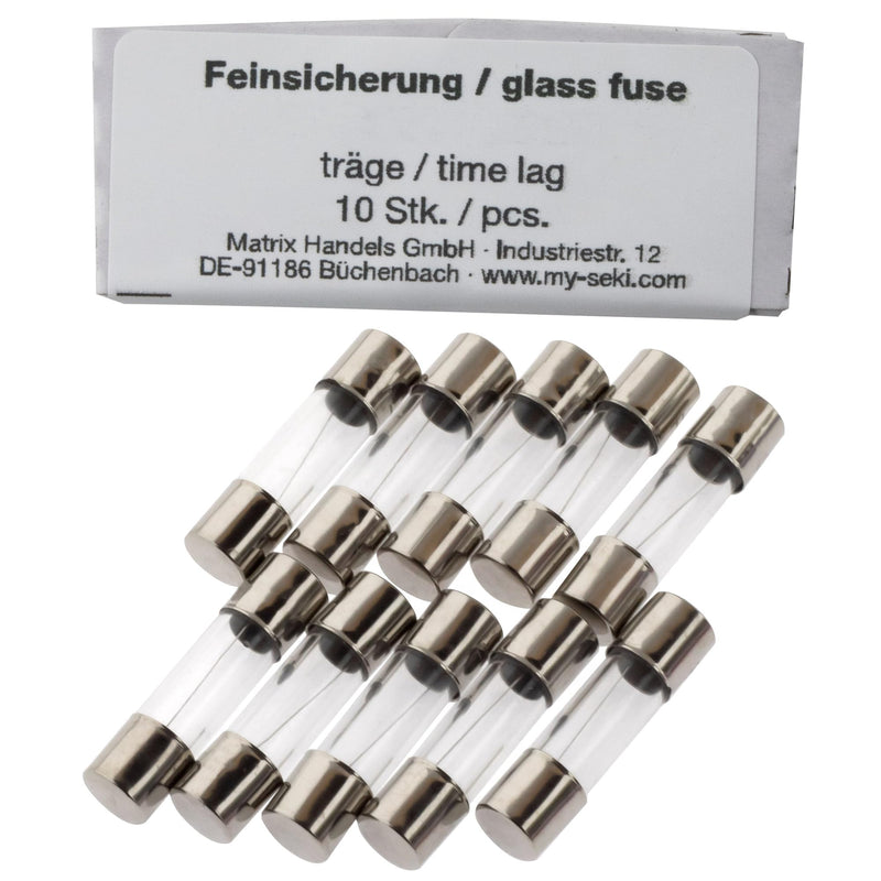 SeKi Micro Fuse 2.0 A, 5 x 20 mm, Slow Blow, Pack of 10 Glass Fuses, 250 V | Type T (slow-blow) glass tube replacement fuse for electronics, household appliances, power supplies, hi-fi & model making Sluggish 2 Amps