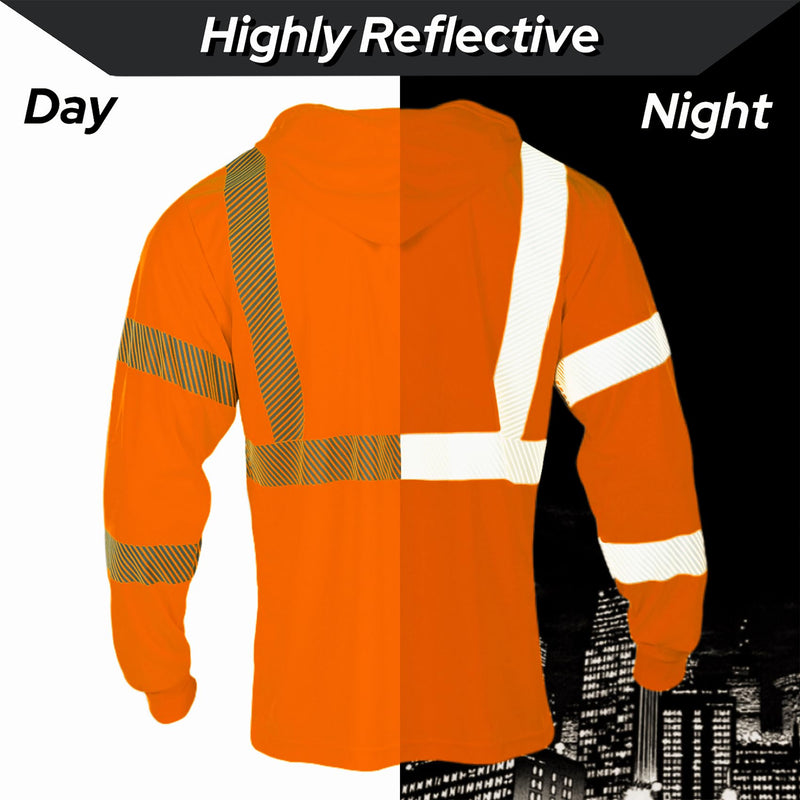 FONIRRA Hi Vis Shirts for Men Reflective ANSI Class 3 Safety T-Shirt with Hood High Visibility Construction Work Long Sleeve, Orange L