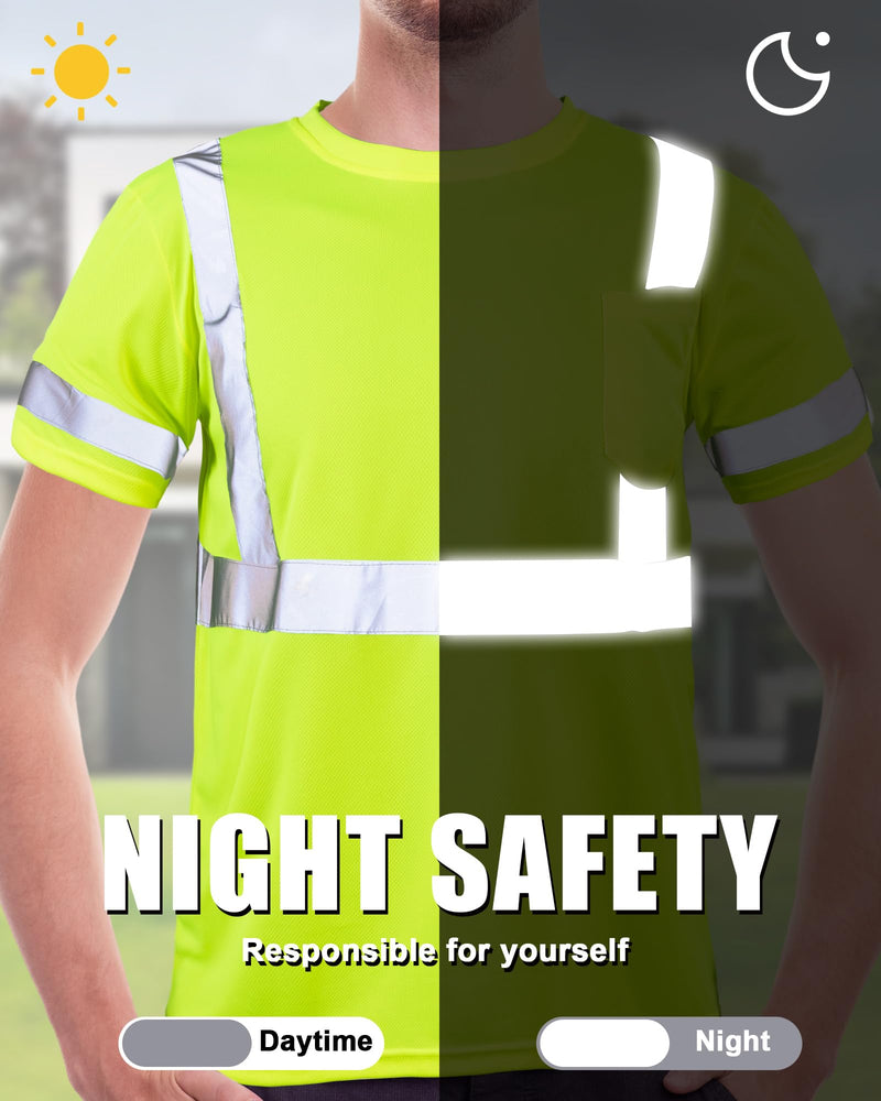 JaGely 4 Pcs Reflective Safety Shirts Short Sleeve High Visibility Hi Vis T-shirts for Construction Work with Front Pocket Medium Yellow