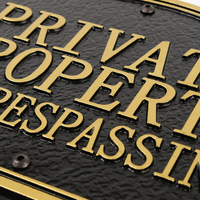 Private Property No Trespassing Sign - Solid Metal Cast, Embossed Statement Plaque,11.5"×7.5" with 31.5" Stakes, Classic Design for House, Home, Garden and Yards, Upgraded Stainless Screws