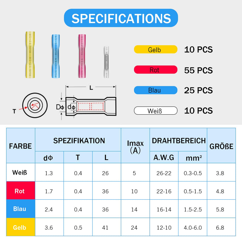 Kuject Crimp Connector Set of 100 Cable Connectors Butt Connector Waterproof Shrink Connector 10-26 AWG Butt Connector 1 Multicolored-100 pcs