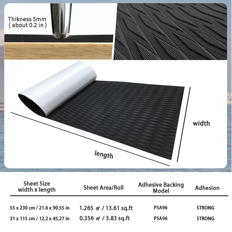 KXKZREN EVA Foam Boat Decking Self-Adhesive Boat Flooring Sheet Non-Skid DIY Traction Pads Grip Mat for Boat Kayak Yacht SUP Board Canoe Golf Cart RV Flooring, 21.6" x 90.55"/12.2"x 45.2" black 12.2x 45.2 inch, 3.84 sq.ft